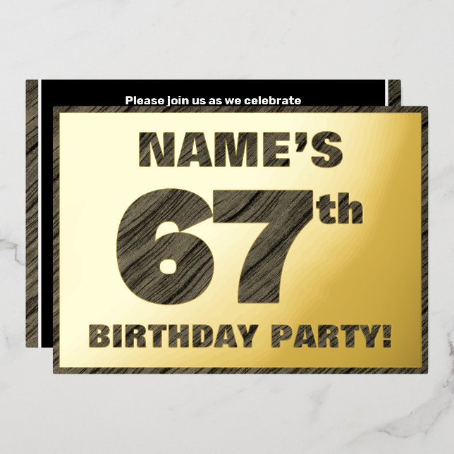 67th Birthday Party — Bold, Faux Wood Grain Text (Front/Back)
