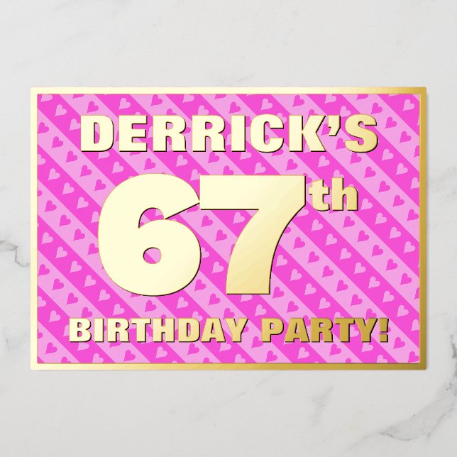 67th Birthday Party — Fun Pink Hearts and Stripes (Front)