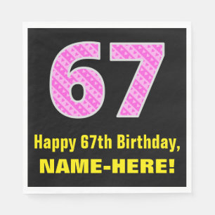 67th Birthday: Pink Stripes and Hearts "67" + Name Napkin