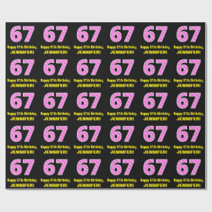 67th Birthday: Pink Stripes and Hearts "67" + Name Wrapping Paper