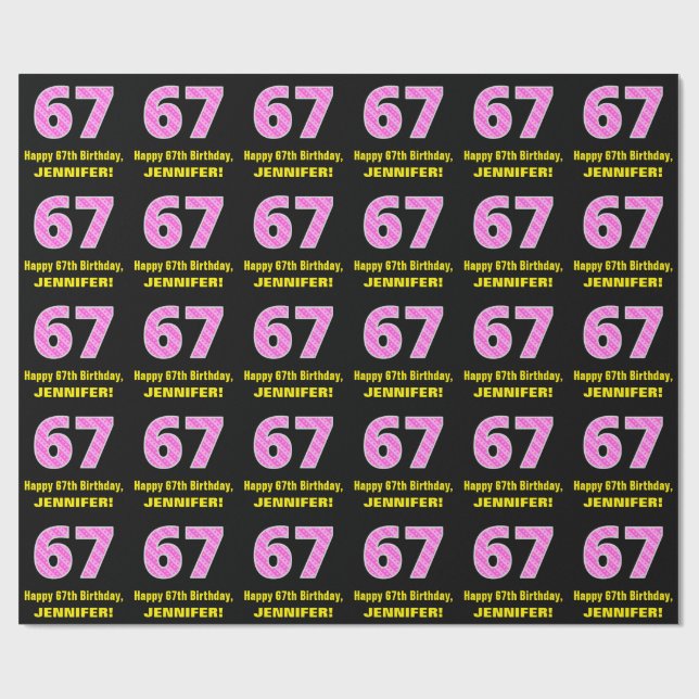 67th Birthday: Pink Stripes and Hearts "67" + Name Wrapping Paper (Flat)