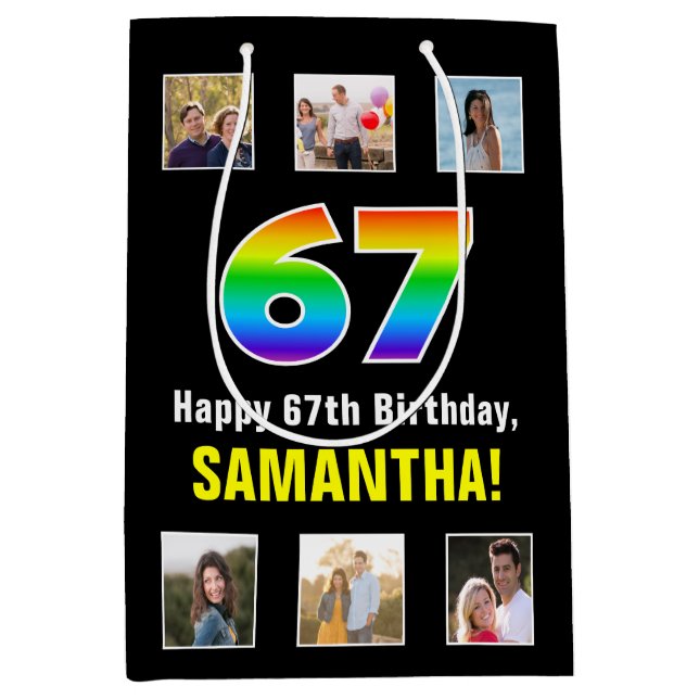67th Birthday: Rainbow “67“, Custom Photos & Name Medium Gift Bag (Front)