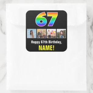 67th Birthday: Rainbow “67”; Custom Photos & Name Square Sticker