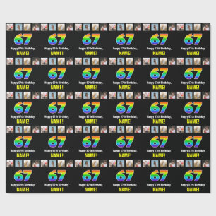 67th Birthday: Rainbow “67“; Custom Photos & Name Wrapping Paper