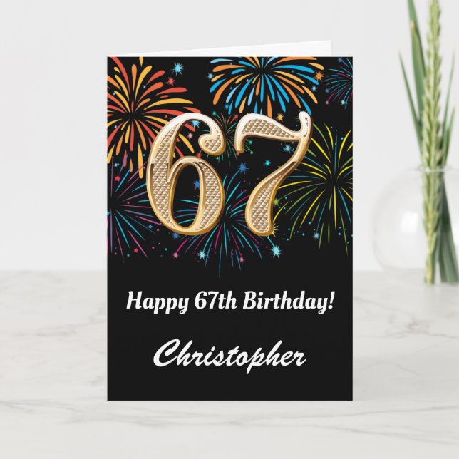 67th Birthday Rainbow Fireworks Black and Gold Card (Front)