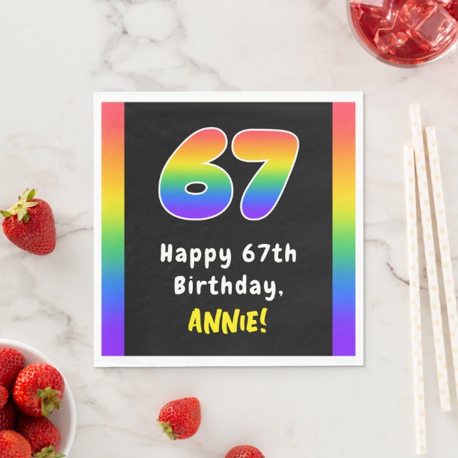 67th Birthday: Rainbow Spectrum # 67, Custom Name Napkin (Insitu)