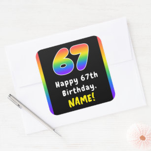 67th Birthday: Rainbow Spectrum # 67, Custom Name Square Sticker