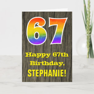 67th Birthday: Rustic Faux Wood Look, Rainbow "67" Card