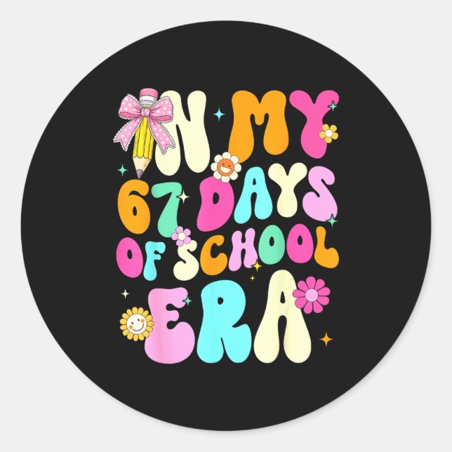 67th Day Of School 67 Days Pencil Coquette Bow Mem Classic Round Sticker (Front)
