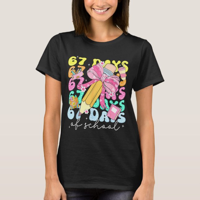 67th Day Of School 67 Days Pencil Coquette Bow Mem T-Shirt (Front)