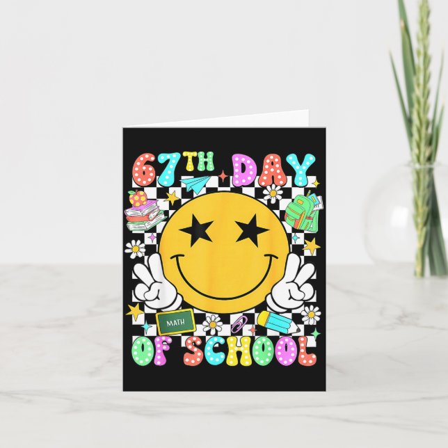 67th Day Of School Teacher Kids 67 Smile Face 100t Card (Front)