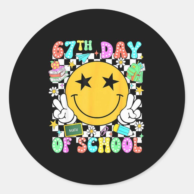 67th Day Of School Teacher Kids 67 Smile Face 100t Classic Round Sticker (Front)