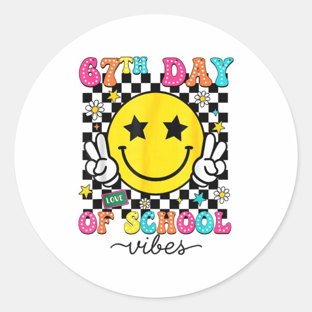 67th Day Of School Vibes 67 Meme Cute Smile Face 6 Classic Round Sticker (Front)