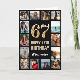 67th Happy Birthday Black and Gold Photo Collage Card