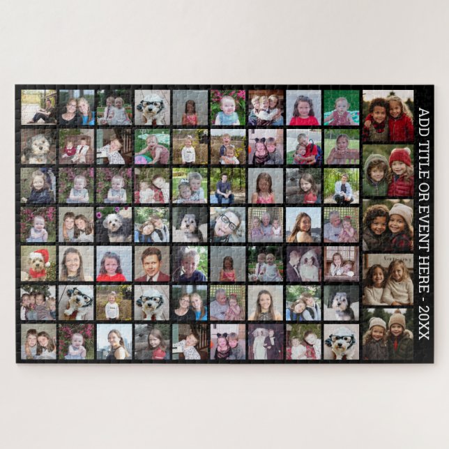 68 Square Photo Collage Grid - Custom Text - Black Jigsaw Puzzle (Horizontal)