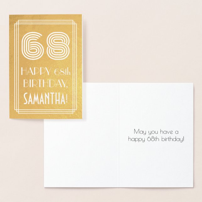 68th Birthday – Art Deco Inspired Look "68" + Name Foil Card (Display)