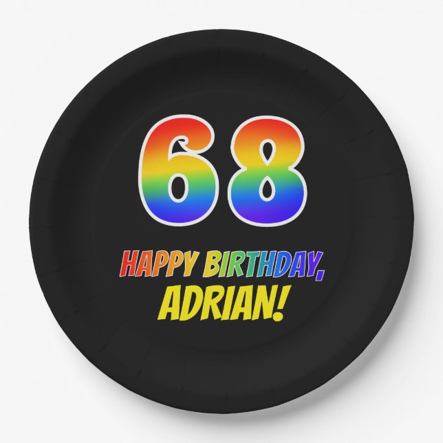 68th Birthday: Bold, Fun, Simple, Rainbow 68 Paper Plate (Front)