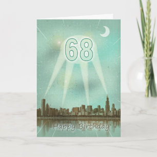 68th Birthday card with a city and spotlights