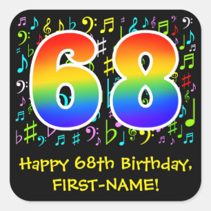 68th Birthday: Colourful Music Symbols, Rainbow 68 Square Sticker