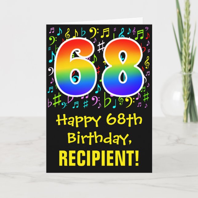 68th Birthday: Colourful Music Symbols + Rainbow 6 Card (Front)