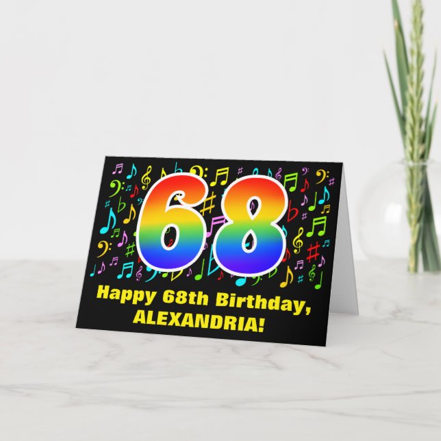 68th Birthday: Colourful Music Symbols & Rainbow 6 Card (Front)