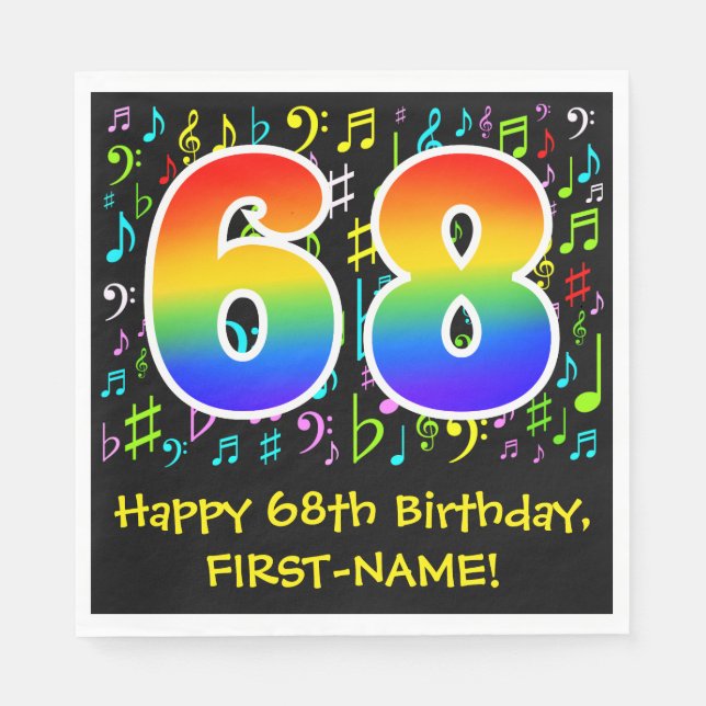68th Birthday - Colourful Music Symbols, Rainbow 6 Napkin (Front)