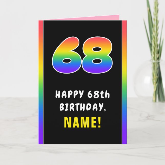 68th Birthday: Colourful Rainbow # 68, Custom Name Card (Front)