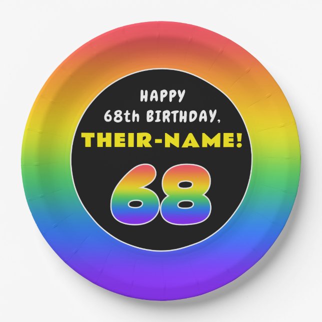 68th Birthday: Colourful Rainbow # 68, Custom Name Paper Plate (Front)