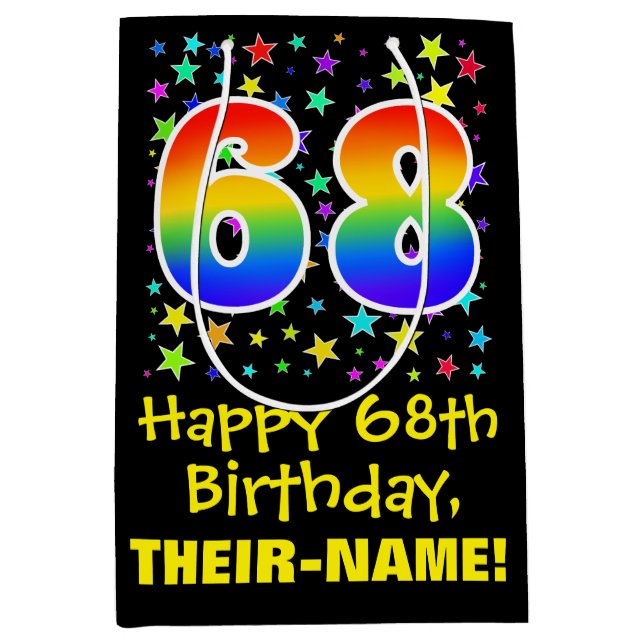 68th Birthday: Colourful Stars Pattern & Rainbow 6 Medium Gift Bag (Front)