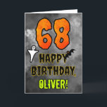 68th Birthday: Eerie Halloween Theme   Custom Name Card<br><div class="desc">The front of this spooky and scary Halloween themed birthday greeting card design features a large number “68”. It also features the message “HAPPY BIRTHDAY, ”, and a customisable name. There are also depictions of a ghost and a bat on the front. The inside features a personalised birthday greeting message,...</div>