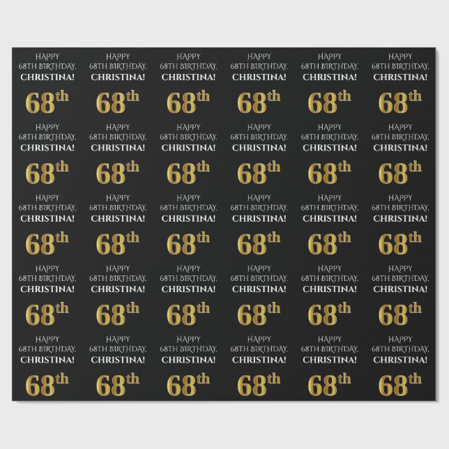 68th Birthday: Elegant, Black, Faux Gold Look Wrapping Paper (Flat)