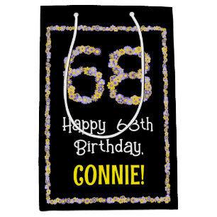 68th Birthday: Floral Flowers Number, Custom Name Medium Gift Bag