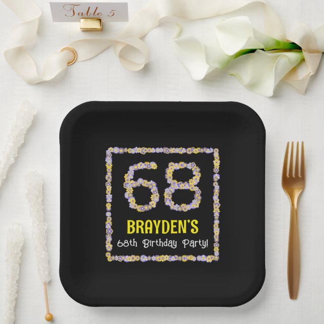 68th Birthday: Floral Flowers Number, Custom Name Paper Plate (Wedding)