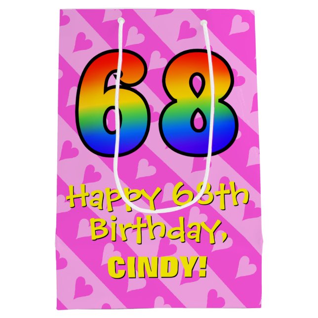 68th Birthday: Fun Pink Hearts Stripes; Rainbow 68 Medium Gift Bag (Back)