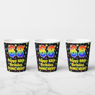 68th Birthday: Fun Stars Pattern and Rainbow 68 Paper Cups