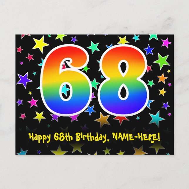 68th Birthday: Fun Stars Pattern, Rainbow 68, Name Postcard (Front)