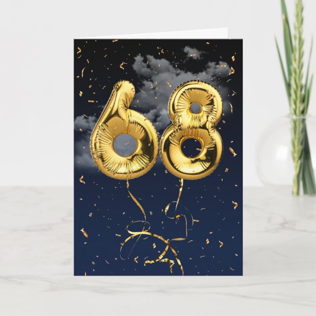 68th Birthday Gold Mylar Balloon and Confetti Card (Front)