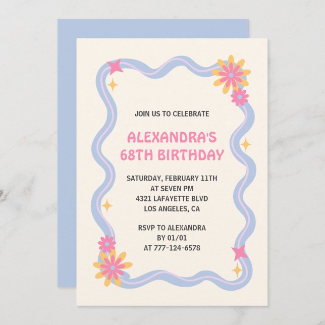 68th birthday invitation Retro Groovy Blue Flowers (Front/Back)