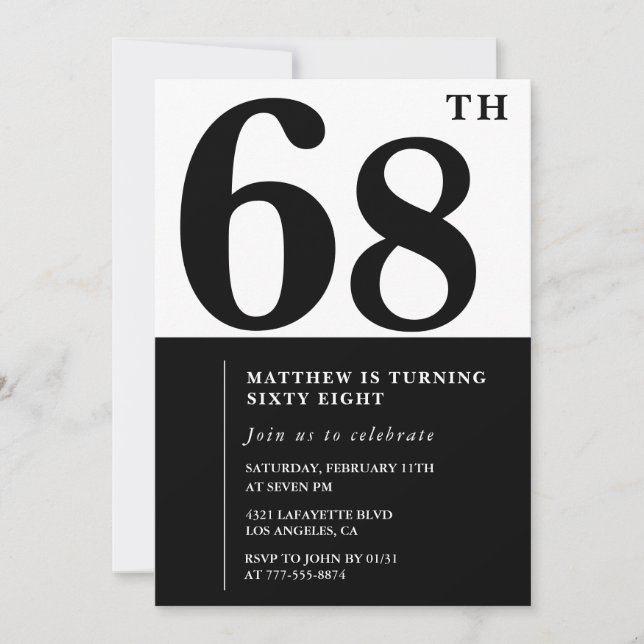 68th birthday invitations Black and White Elegant (Front)