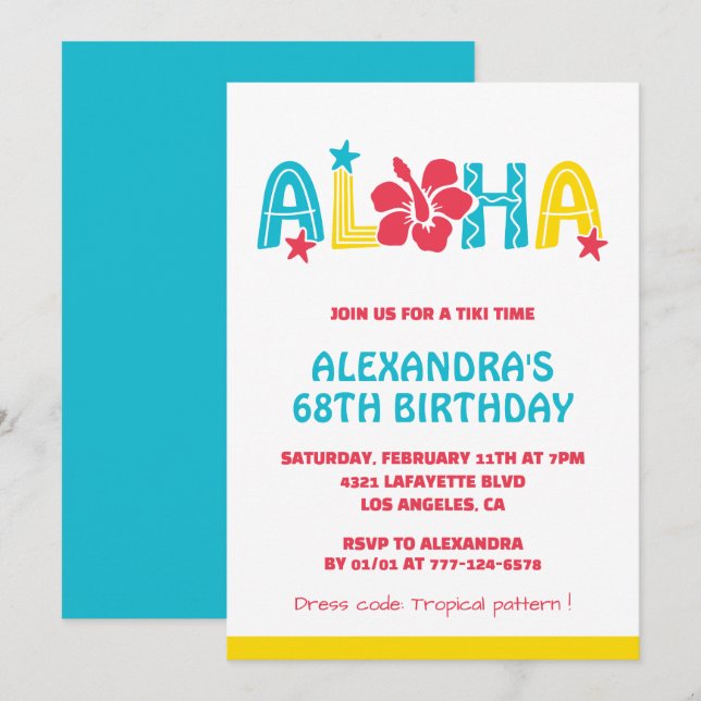 68th birthday invitations Tropical Aloha Hawaiian (Front/Back)