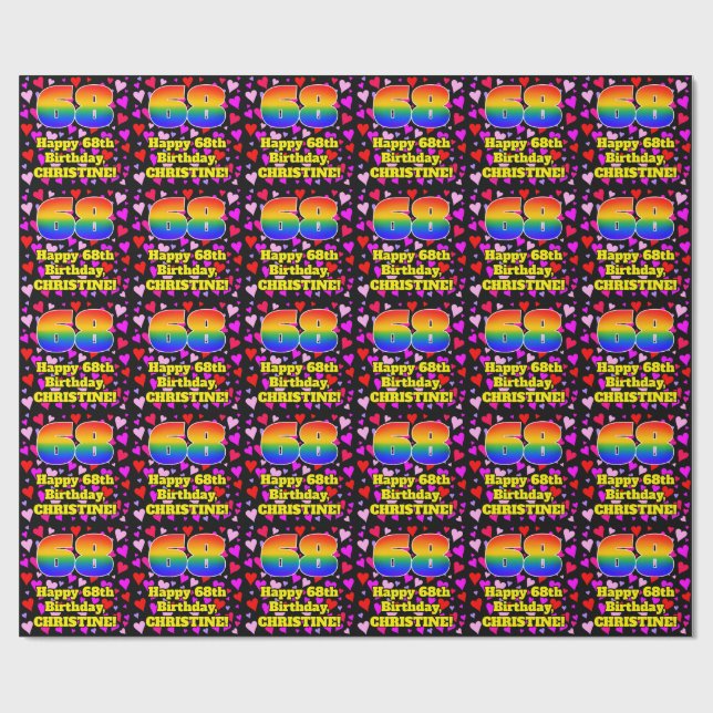 68th Birthday: Loving Hearts Pattern, Rainbow # 68 Wrapping Paper (Flat)