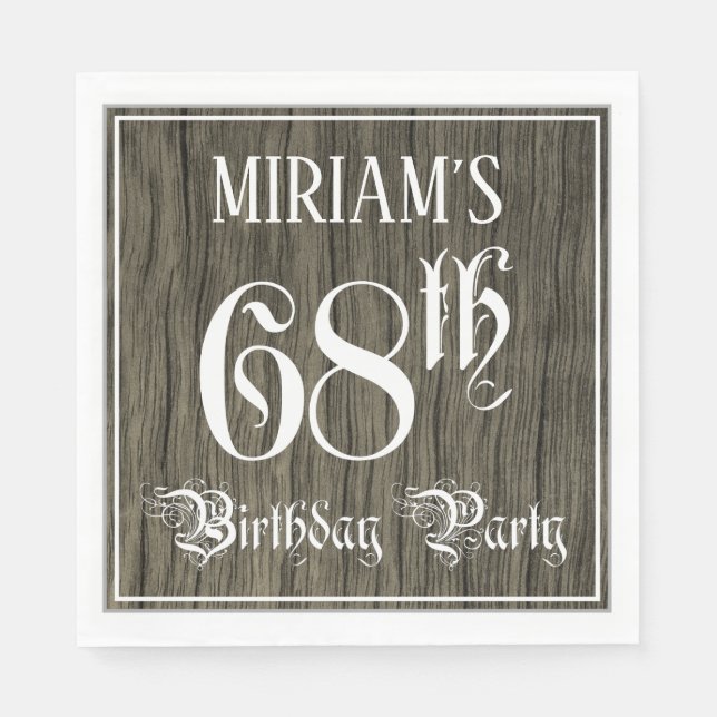 68th Birthday Party — Fancy Script, Faux Wood Look Napkin (Front)