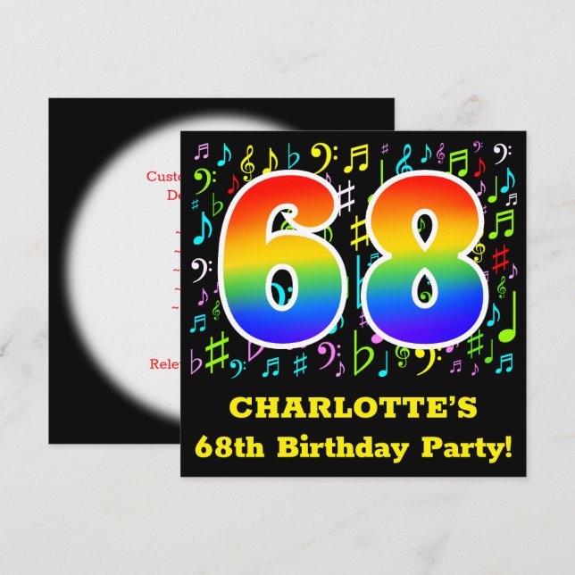68th Birthday Party: Fun Music Symbols, Rainbow 68 Invitation (Front/Back)