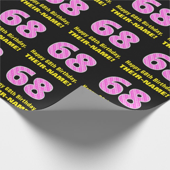 68th Birthday: Pink Stripes and Hearts "68" + Name Wrapping Paper (Corner)