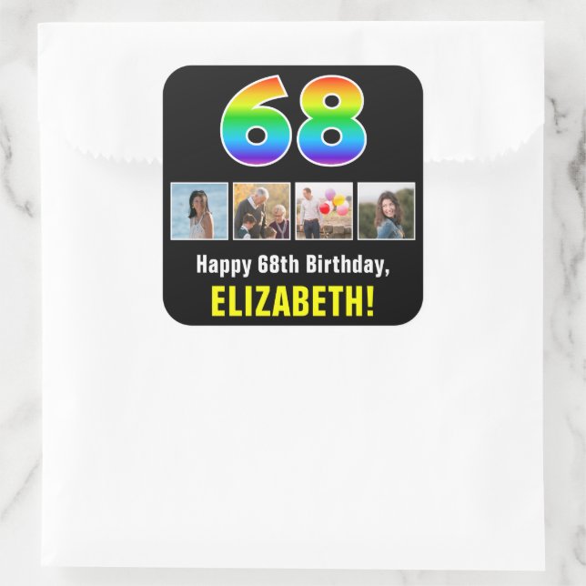 68th Birthday: Rainbow “68”; Custom Photos & Name Square Sticker (Bag)