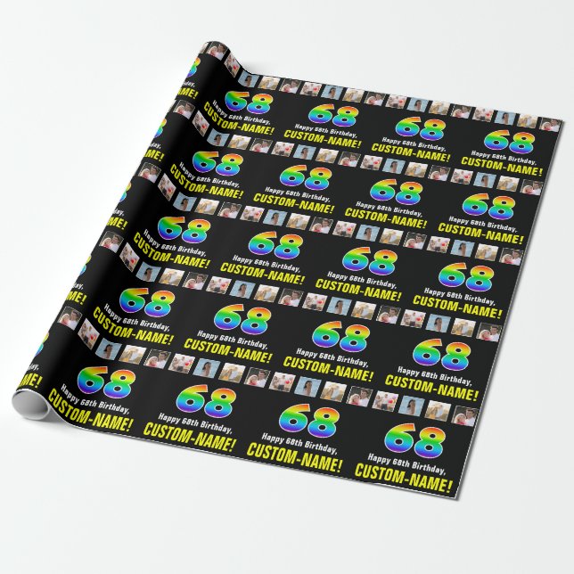 68th Birthday: Rainbow “68“; Custom Photos & Name Wrapping Paper (Unrolled)