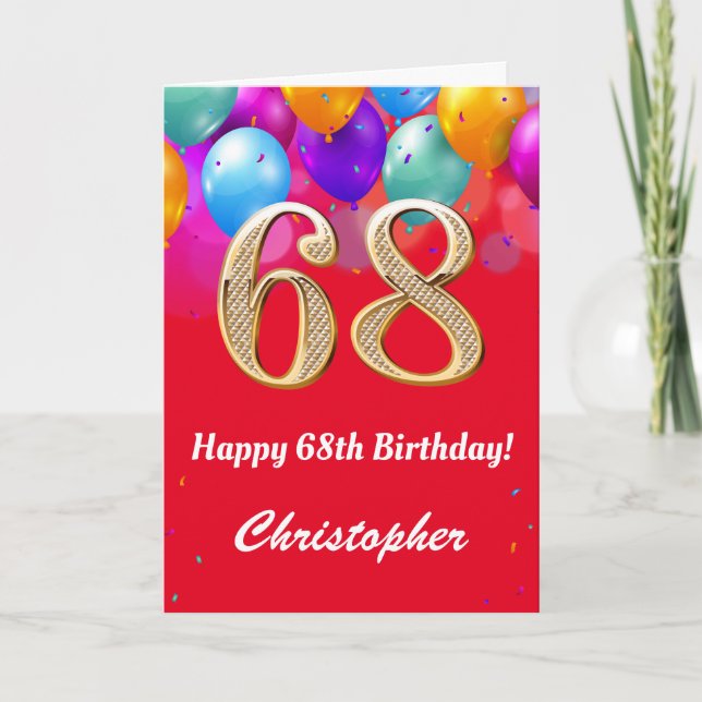 68th Birthday Red and Gold Colourful Balloons Card (Front)