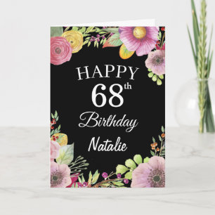 68th Birthday Watercolor Floral Flowers Black Card