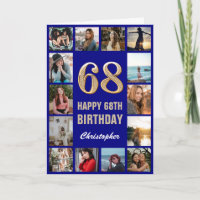 68th Happy Birthday Navy Blue & Gold Photo Collage