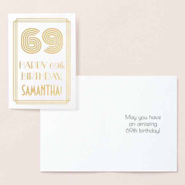 69th Birthday - Art Deco Inspired Look "69" & Name Foil Card (Display)